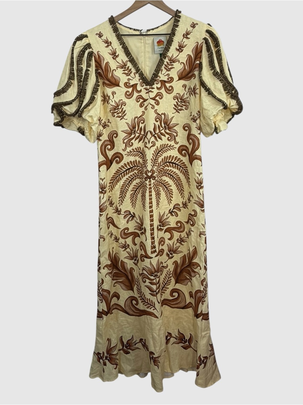 Farm Rio Ivory Brown Linen Beaded Puff Sleeve Milani Maxi Dress Size Large - Picture 2 of 11